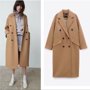 NWT Zara Manteco Wool Oversized Double Breasted Coat Size S Camel colored